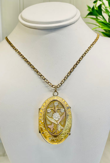 Large Victorian Gold Filled Locket with Silver Flowers Jewelry Bloomers and Frocks